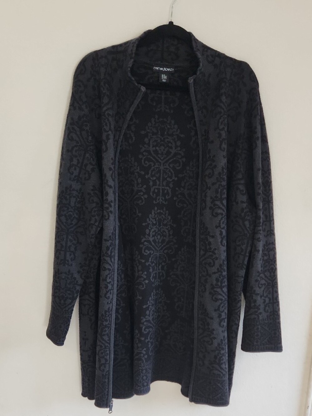 Cynthia Rowley Lagenlook Damask Print Full Zip Knit Jacket 3X Dark Academia